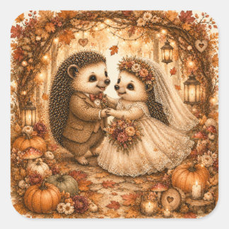 Pegatina Cuadrada Boda de Otoño Primer Baile Erizo