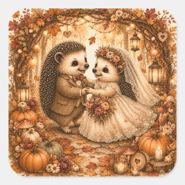 Pegatina Cuadrada Boda de Otoño Primer Baile Erizo (Anverso)