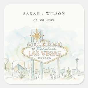 Pegatina Cuadrada Boda de paisaje acuarela en Las Vegas Nevada