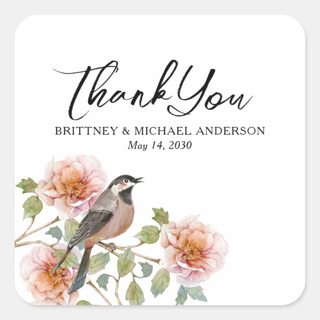 Pegatina Cuadrada Boda de Pájaro en Flores (Anverso)