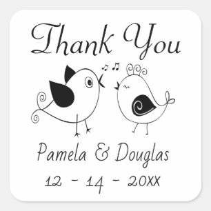 Pegatina Cuadrada Boda de pájaros de amor negros Agradecimiento Desp