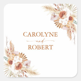 Pegatina Cuadrada Boda de Pampas Modernas Boheo Terracotta