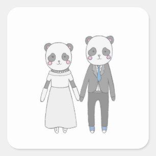Pegatina Cuadrada Boda de Panda Adorable - Pareja Kawaii