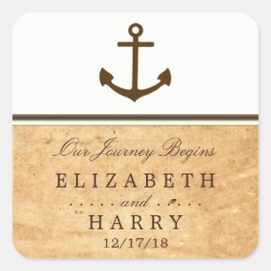 Pegatina Cuadrada Boda de papel de época con marco de anclaje náutic