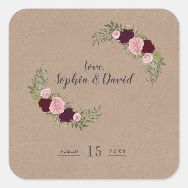 Pegatina Cuadrada Boda de papel para artesanías florales Rustic Mars (Anverso)