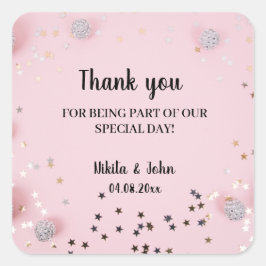 Pegatina Cuadrada Boda de pareja de caligrafía mínima rosa gracias