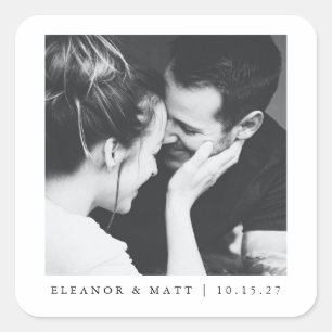 Pegatina Cuadrada Boda de pareja foto personalizada minimalista negr