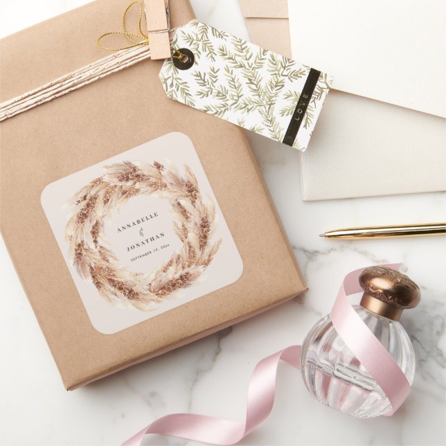 Pegatina Cuadrada Boda de pasto bohemio-natural pampas moderno (Regalar)