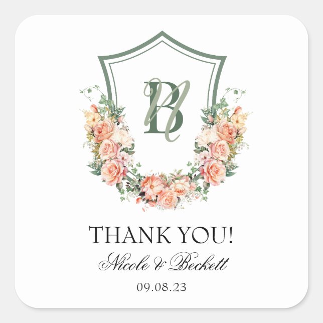 Pegatina Cuadrada Boda de Peach Floral Escudo Gracias (Anverso)