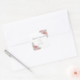 Pegatina Cuadrada Boda de Peonía Rosa y Blanca