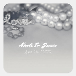 Pegatina Cuadrada Boda de perlas negras y blancas de glamour vintage