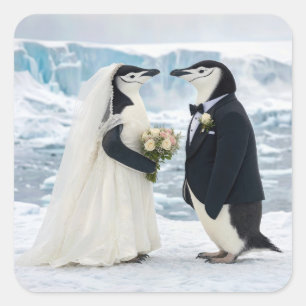 Pegatina Cuadrada Boda de pingüinos en un glaciar ártico