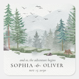Pegatina Cuadrada Boda de pinos verdes de montaña de acuarela rusa