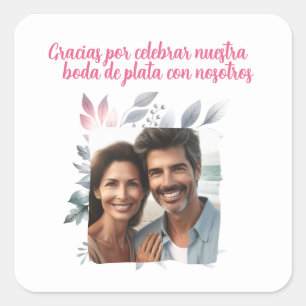 Pegatina Cuadrada boda de plata de 25 años con foto Gracias