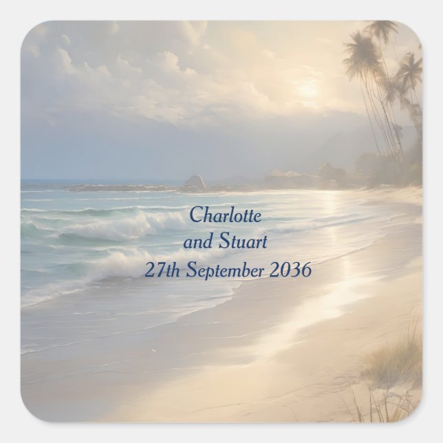 Pegatina Cuadrada Boda de playa (Anverso)