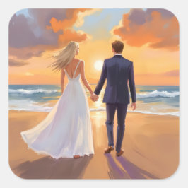 Pegatina Cuadrada Boda de playa de novia y novio acuarela