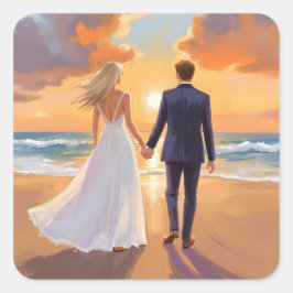Pegatina Cuadrada Boda de playa de novia y novio acuarela