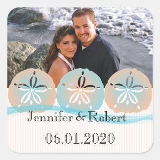 Pegatina Cuadrada Boda de playa de Peach and Blue Sand Dollars
