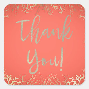 Pegatina Cuadrada Boda de Playa Elegante Coral Naranja Oro Moderno