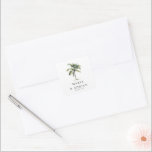 Pegatina Cuadrada Boda de playa tropical con palmeras mínimas<br><div class="desc">Pegatinas de boda de palmeras tropicales mínimas,  con un único ilustracion de palmera acuarela en la parte superior sobre un fondo blanco clásico. Personalice los stickers de boda de la palmera con nombre y fecha.</div>