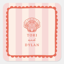 Pegatina Cuadrada Boda de playa tropical con rayas rosadas