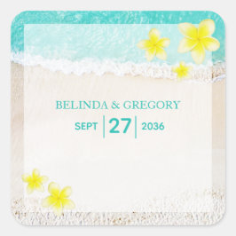 Pegatina Cuadrada Boda de playa tropical de Plumeria Frangipani Amar