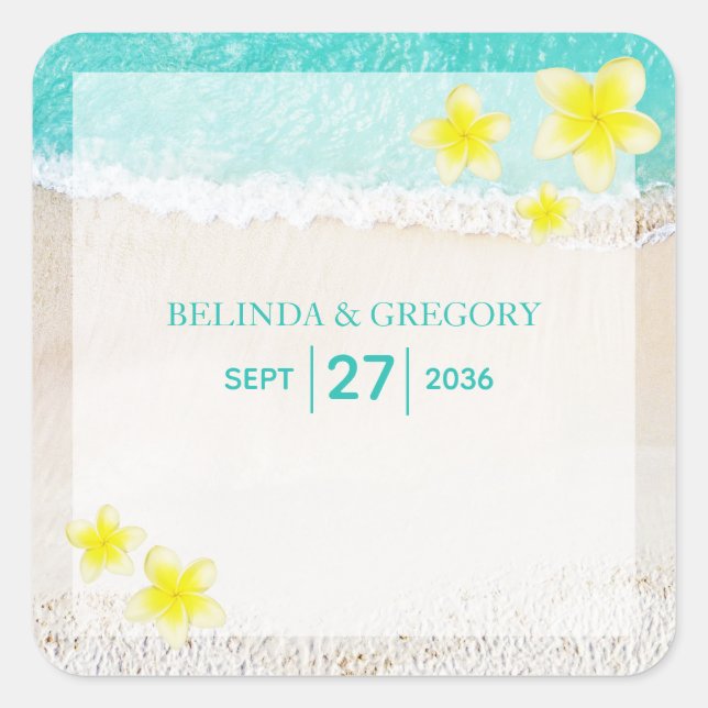 Pegatina Cuadrada Boda de playa tropical de Plumeria Frangipani Amar (Anverso)