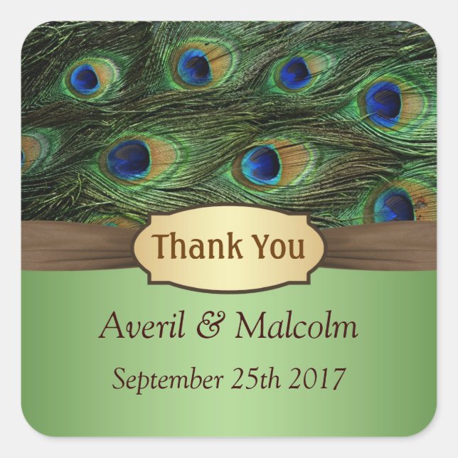 Pegatina Cuadrada Boda de plumas de pavo real gracias (Anverso)