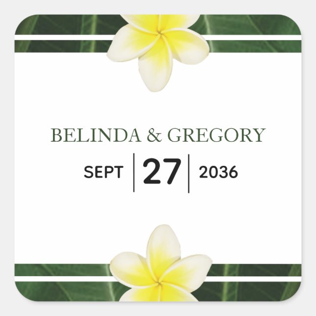 Pegatina Cuadrada Boda de Plumeria Frangipani Amarillo (Anverso)