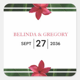 Pegatina Cuadrada Boda de Plumeria Frangipani Roja