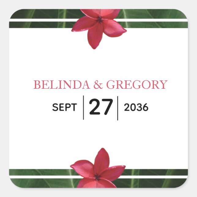 Pegatina Cuadrada Boda de Plumeria Frangipani Roja (Anverso)
