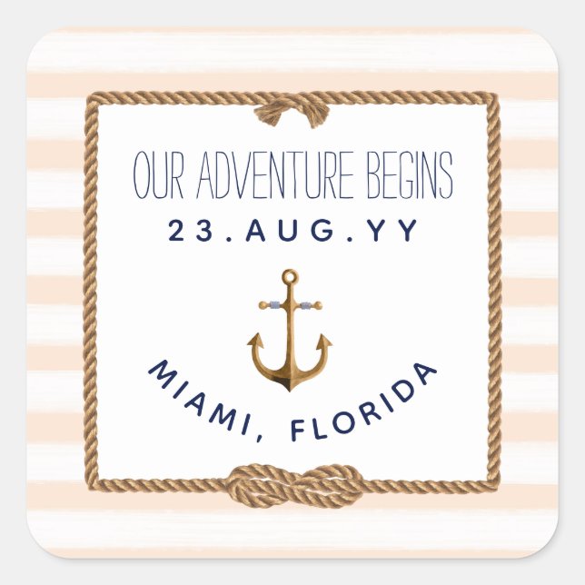 Pegatina Cuadrada Boda de rayas blancas corales de Knot Infinity nau (Anverso)