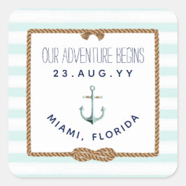 Pegatina Cuadrada Boda de rayas blancas náuticas de Knot Mint