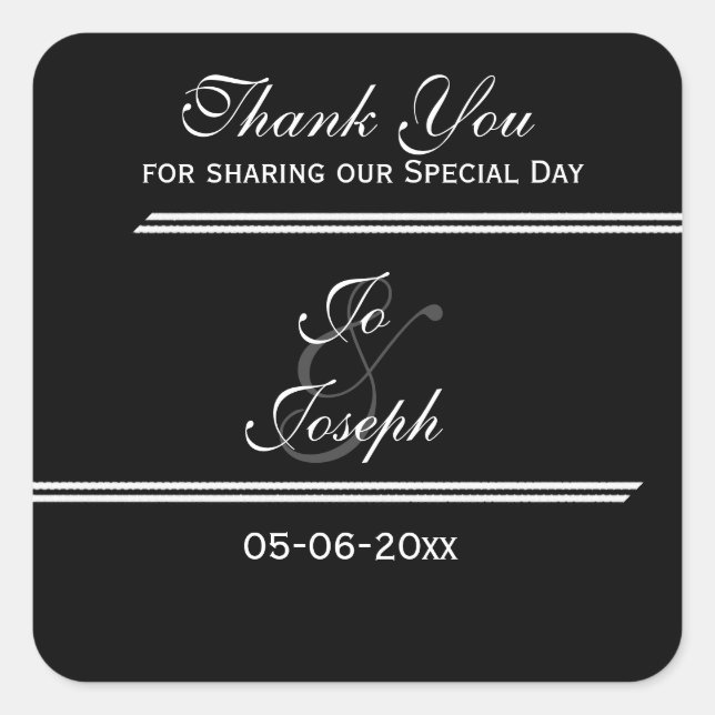 Pegatina Cuadrada Boda de rayas blancas y negras gracias (Anverso)