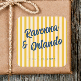 Pegatina Cuadrada Boda de rayas melocotón discreto azul medianoche r