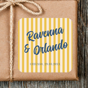Pegatina Cuadrada Boda de rayas melocotón discreto azul medianoche r