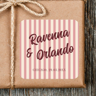 Pegatina Cuadrada Boda de rayas rosadas retro de Borgoña