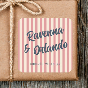Pegatina Cuadrada Boda de rayas rosadas y azul marino retro