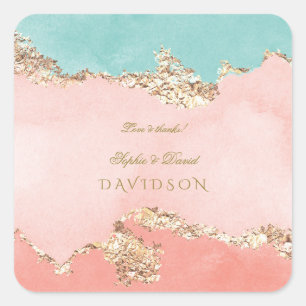 Pegatina Cuadrada Boda de Relieve metalizado dorado Pastel Watercolo