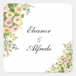 Pegatina Cuadrada Boda de Rosa Acuarela 