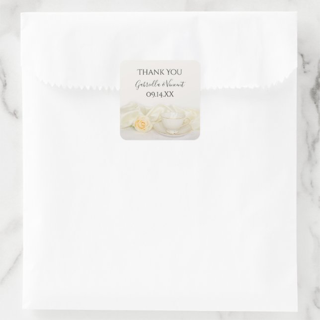 Pegatina Cuadrada Boda de rosa blanco de la Copa de Té Gracias Etiqu (Bolso)
