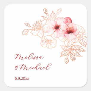 Pegatina Cuadrada Boda de rosa blanco flor de cerezo