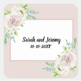 Pegatina Cuadrada Boda de Rosa de acuarela floral suave de palisandr