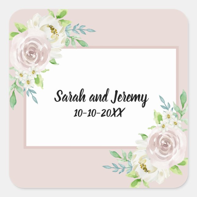 Pegatina Cuadrada Boda de Rosa de acuarela floral suave de palisandr (Anverso)