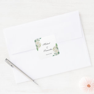 Pegatina Cuadrada Boda de Rosa y Lirios Blancos Elegantes