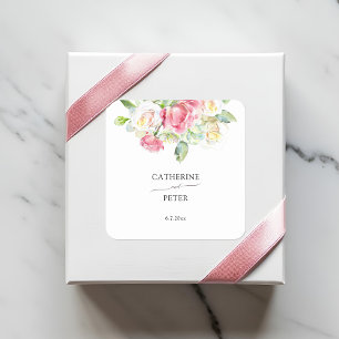 Pegatina Cuadrada Boda de rosas acuarela rosa suave/ marfil romántic
