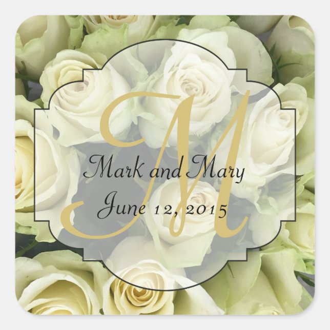 Pegatina Cuadrada Boda de Rosas Blancas Suite Rubor Champagne (Anverso)