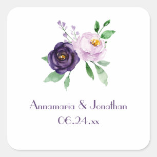 Pegatina Cuadrada Boda de Rosas de color morado y lavanda