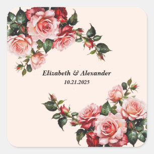 Pegatina Cuadrada boda de rosas rosadas y rojas bonitos