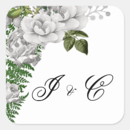 Pegatina Cuadrada Boda de rosas y helechos blancos